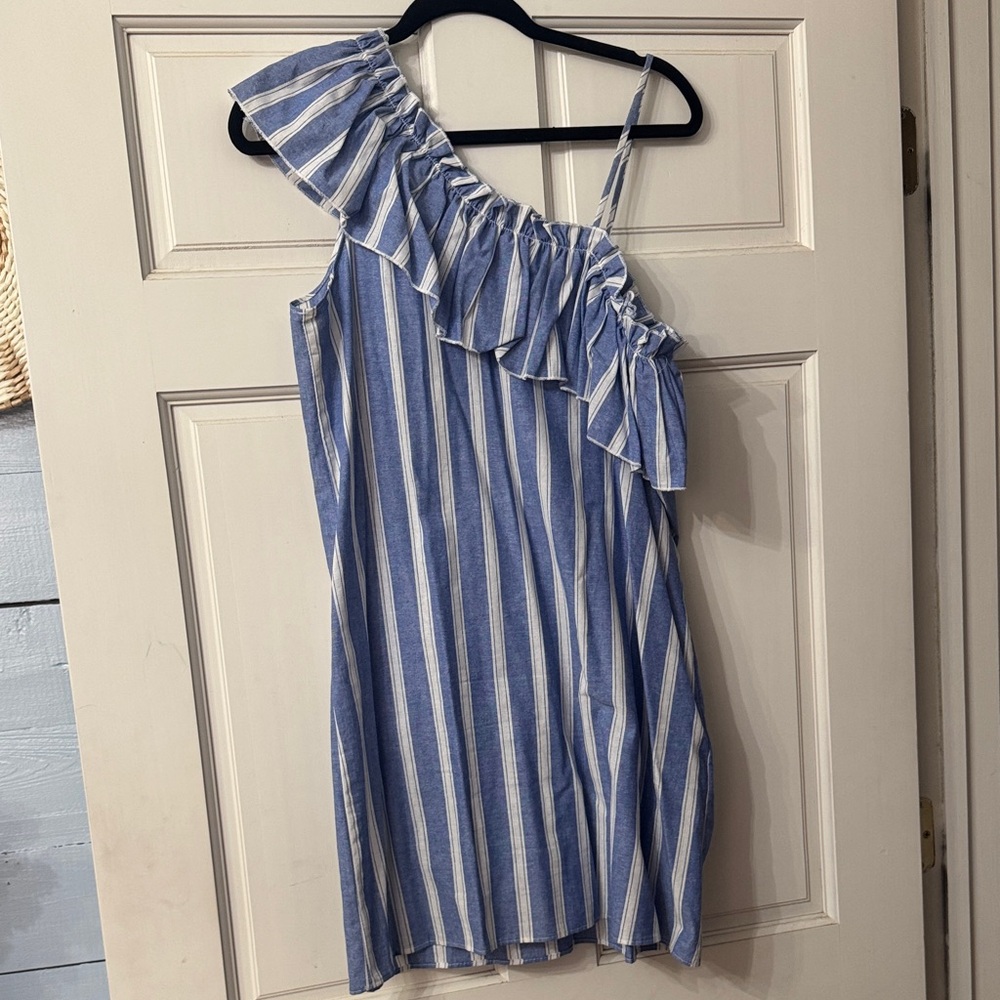 Snap Blue and White Striped One-Shoulder Mini Dress